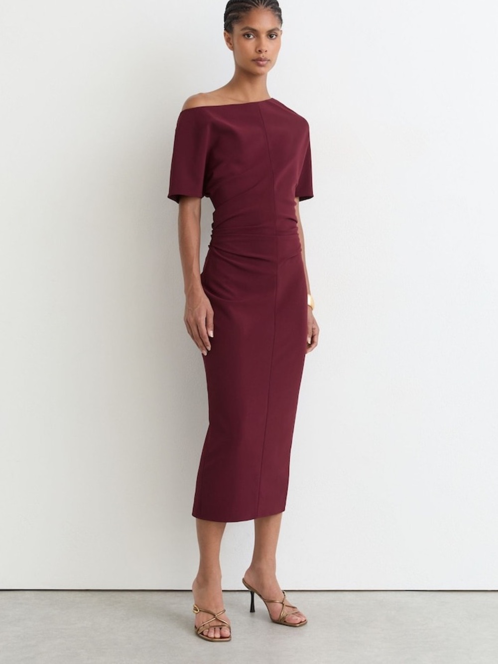 Reiss Connie Off-Shoulder Ruched Midi Dress in Berry Red, 2 6 8 10